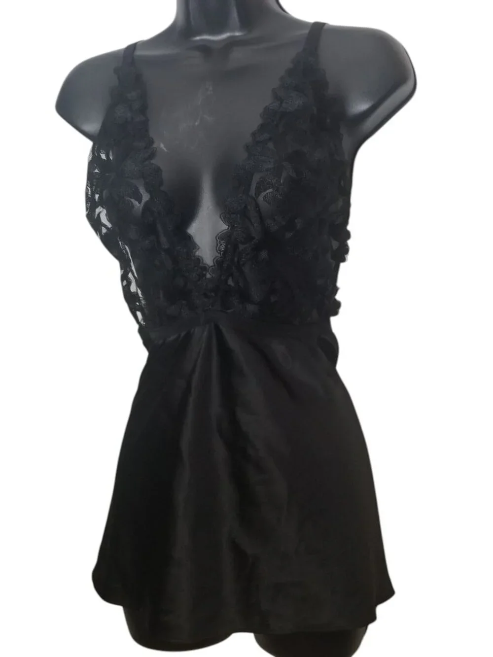 Victoria Secret Women's Black Babydoll Fairycore Floral Mesh Slip Dress Sz L
